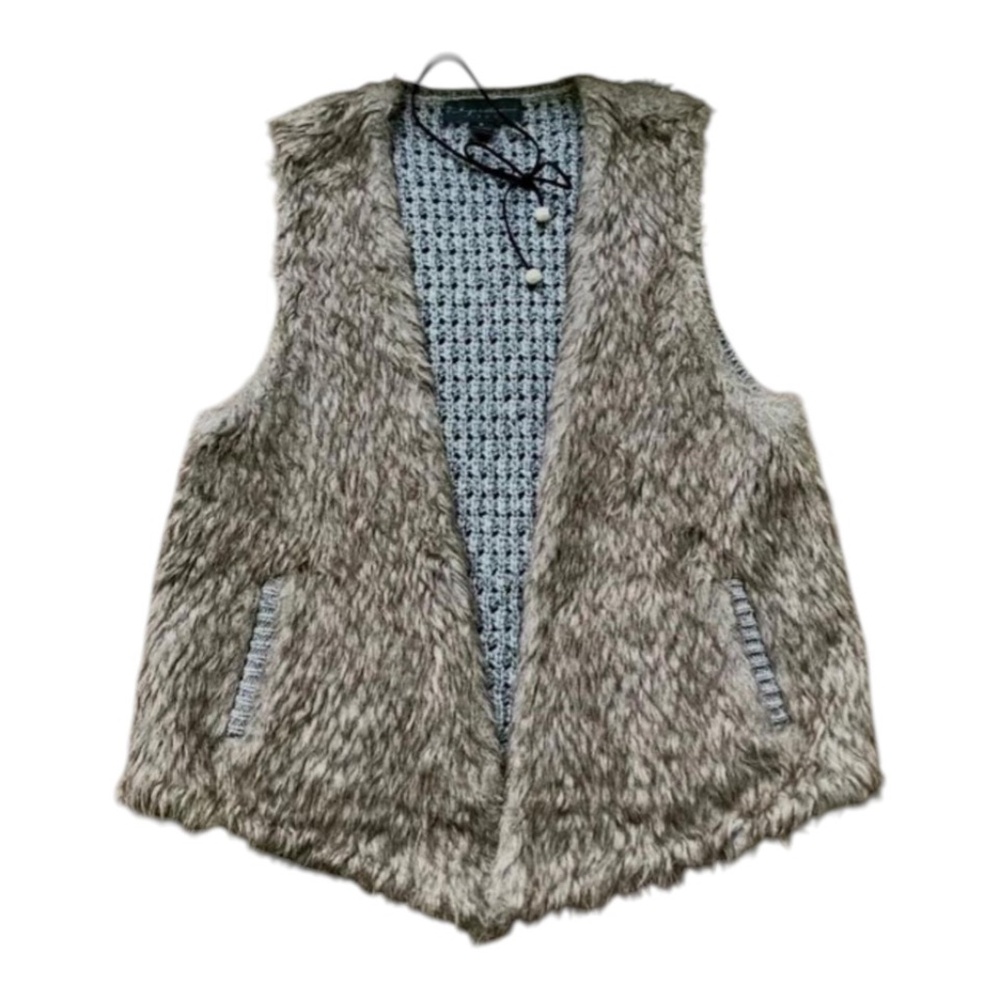 Vintage Havana Vest Faux Fur Wool Crochet Back Brown Gray  (M)